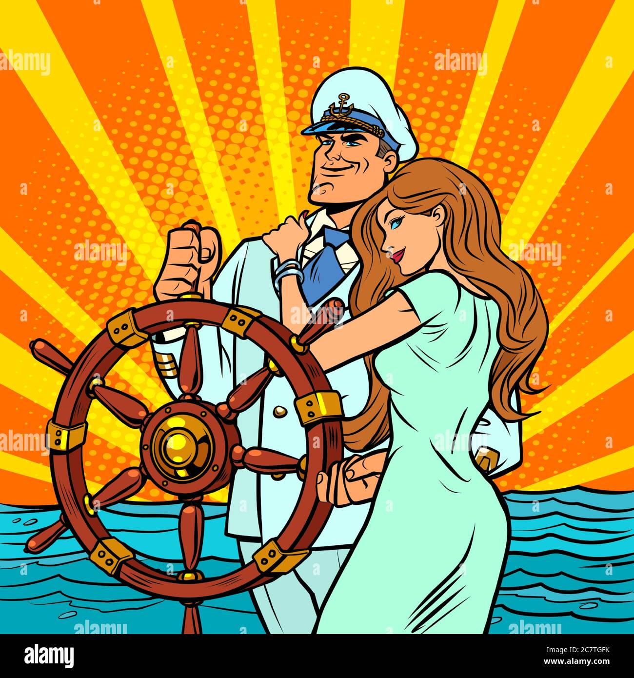 Capitán de barco en un uniforme blanco con una mujer hermosa Ilustración del Vector