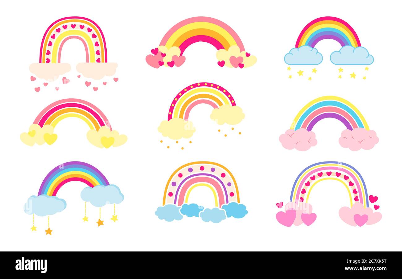 Rainbow establecer plano estilo dibujos animados. Arco iris con nubes  abstracto dibujado a mano colección de colores. Elementos de clima de  naturaleza brillante para niños. Para impresión, tarjeta, tela o libro.  Ilustración