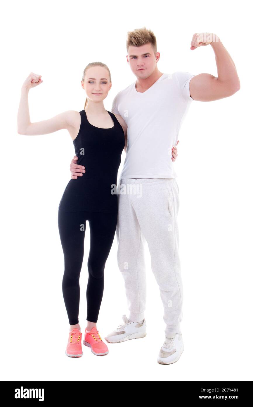 joven hombre y mujer en ropa deportiva mostrando músculos aislados sobre  fondo blanco Fotografía de stock - Alamy