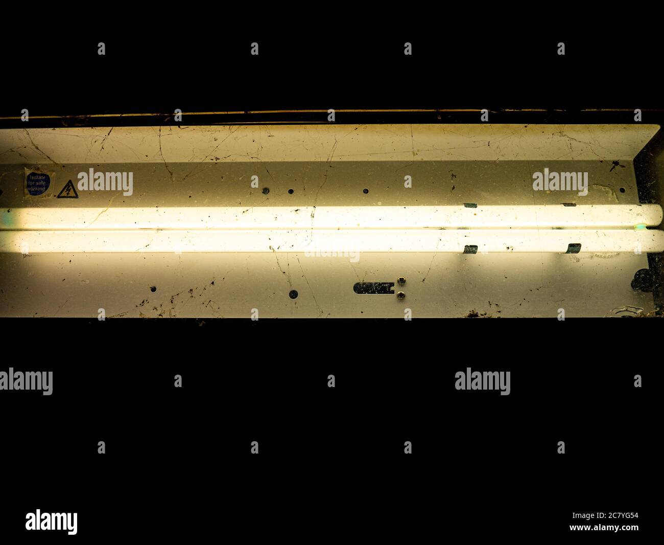 Tubo fluorescente en paso subterráneo cubierto en telarañas Foto de stock