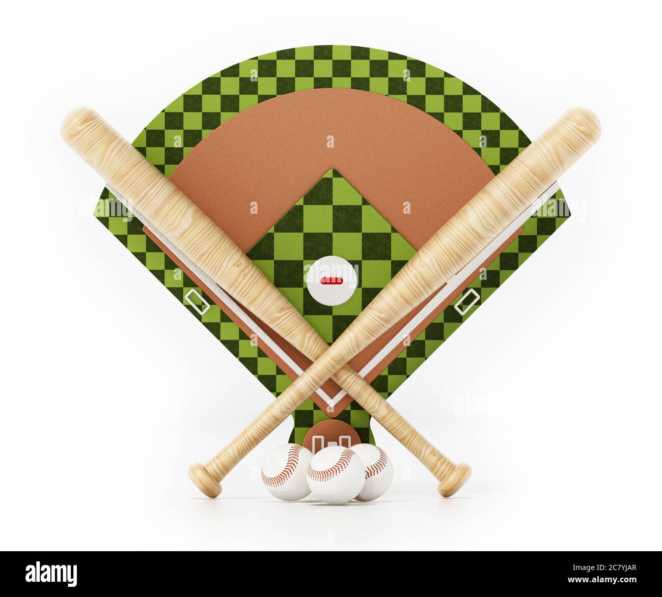 Bate de béisbol y pelota de pie en la cancha de béisbol. Ilustración 3D  Fotografía de stock - Alamy
