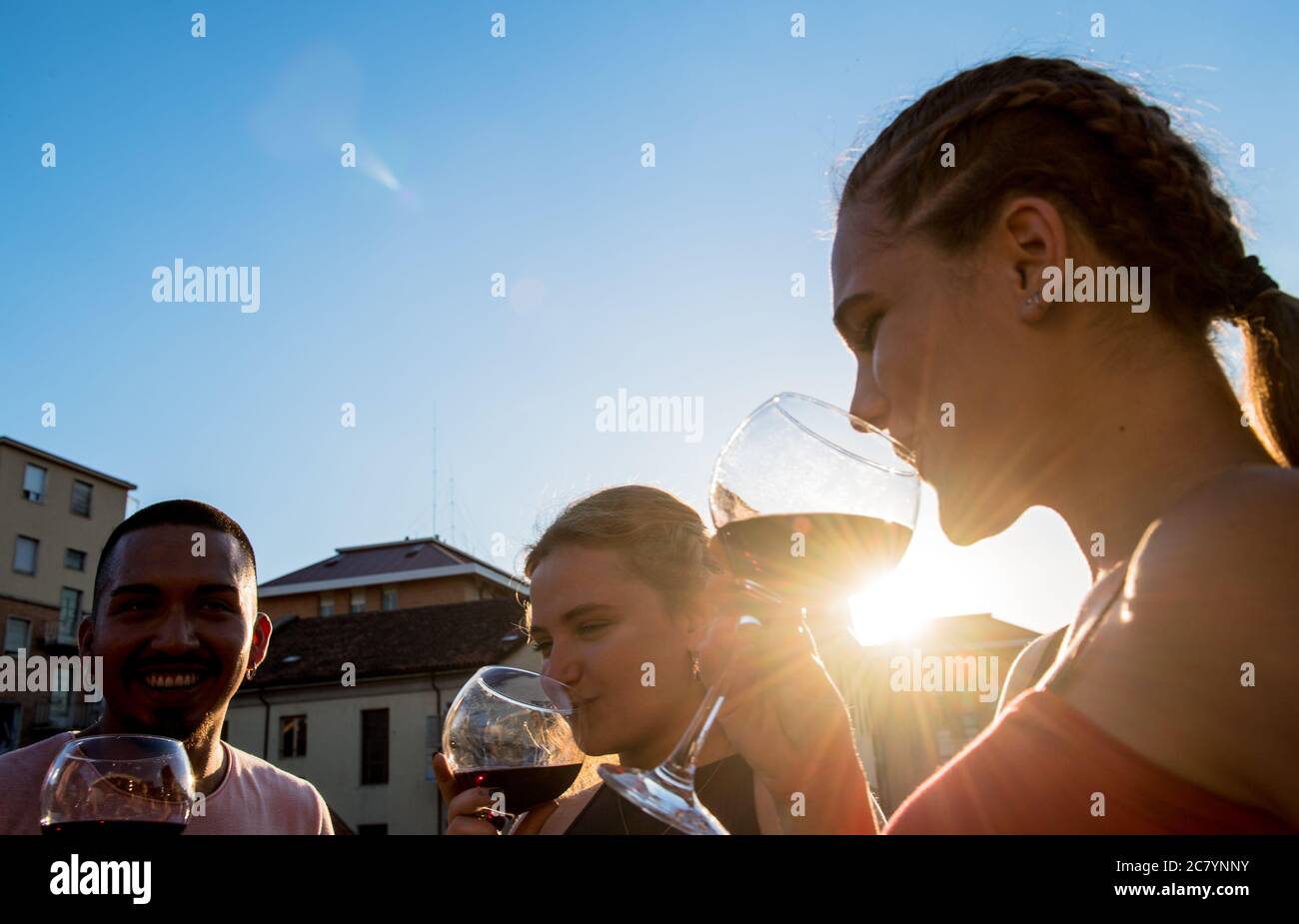 Cuatro niños pequeños tostar con una copa de vino al atardecer en la terraza Foto de stock