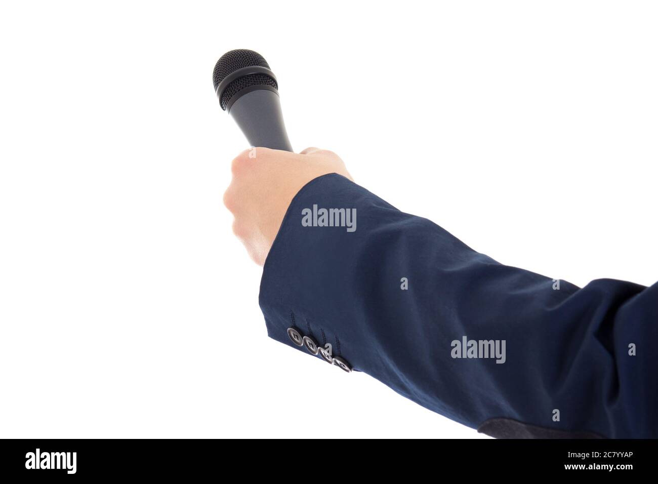 mano del reportero sosteniendo un micrófono aislado sobre fondo blanco  Fotografía de stock - Alamy