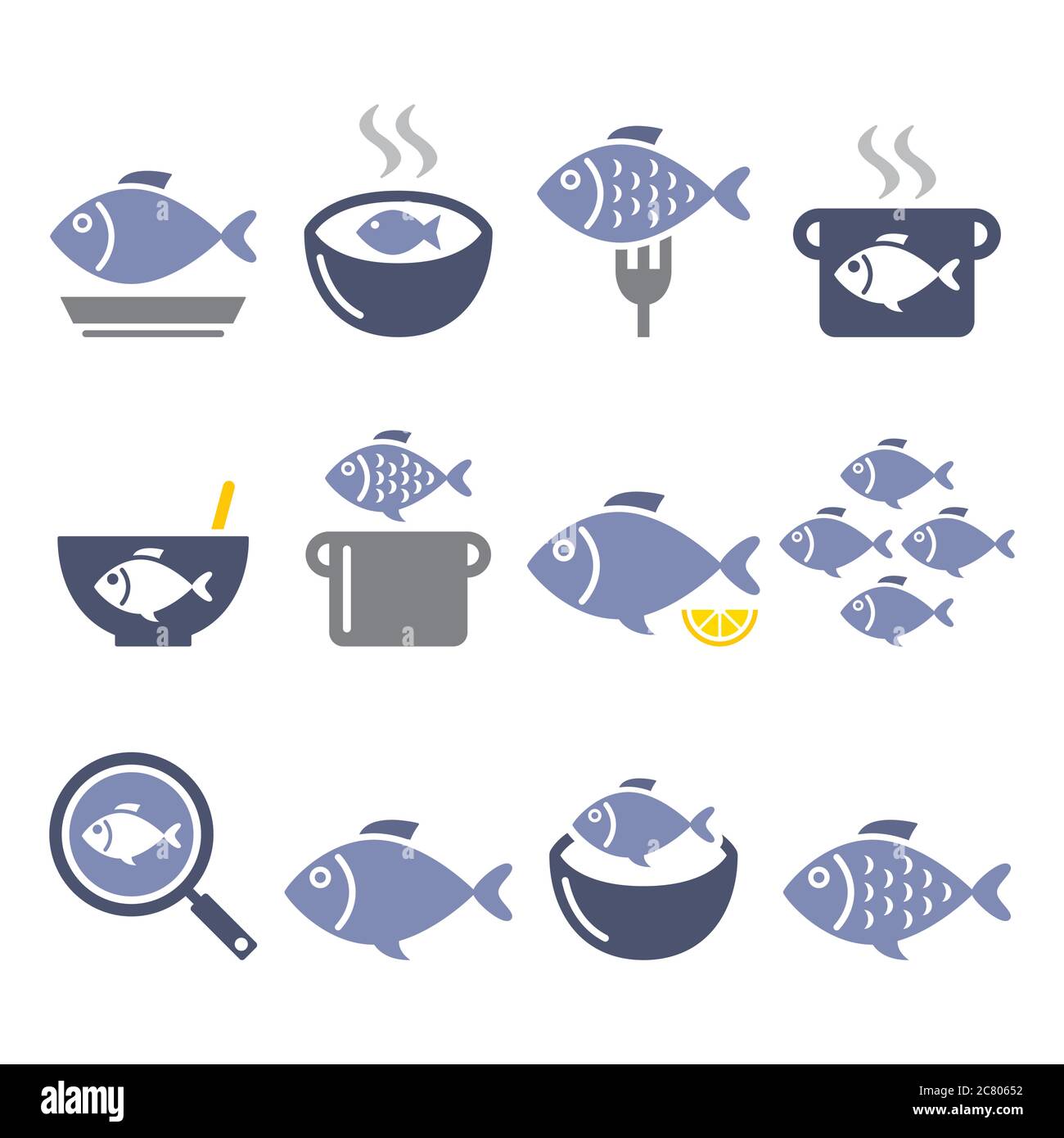 Iconos de comidas de pescado - sopa, sopa, gulash, pescado frito conjunto de diseño de color Ilustración del Vector