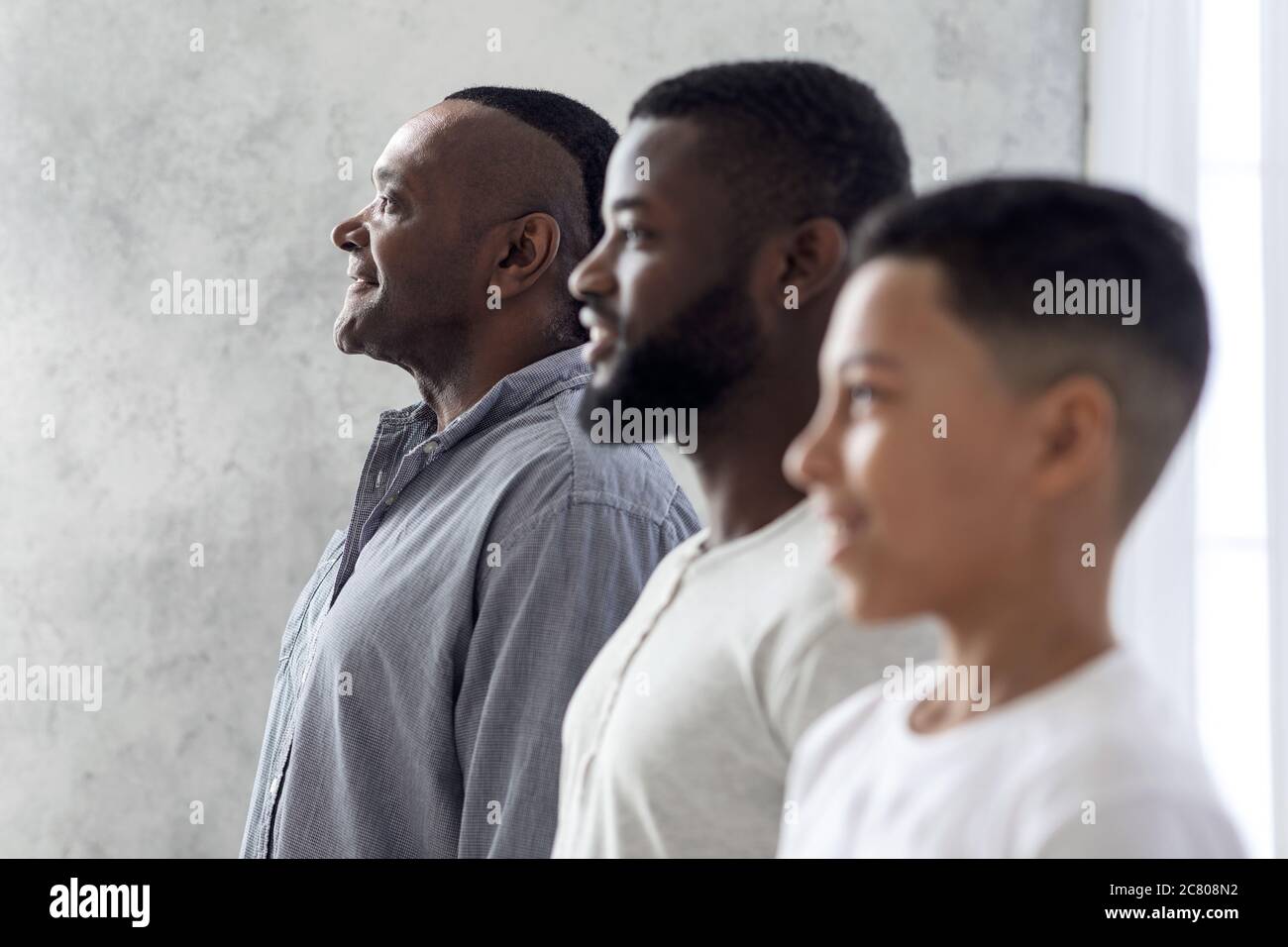 Retrato familiar de hombres multigeneracionales. Hijo Negro, Padre y Abuelo de pie en fila Foto de stock