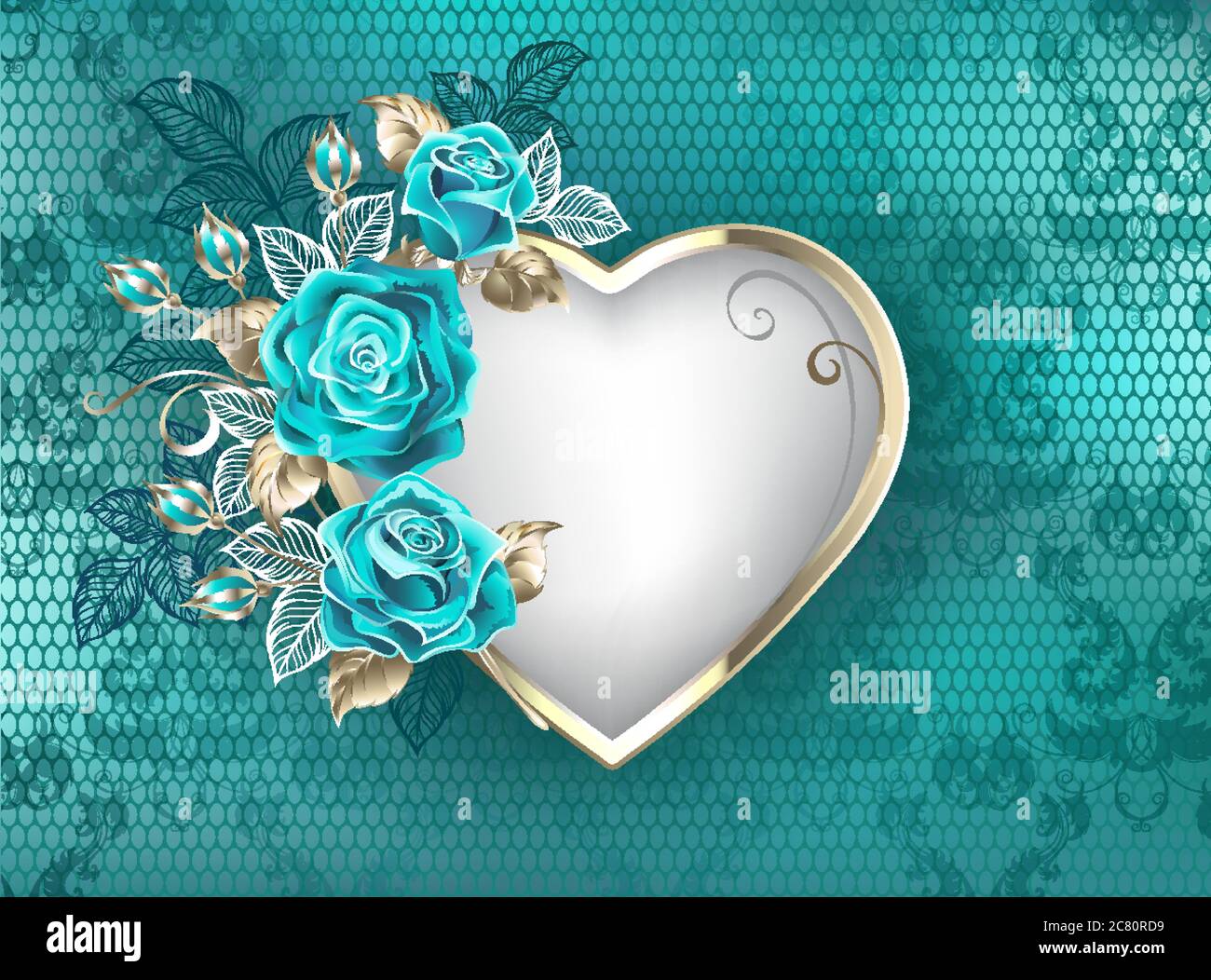 Corazón con marco de oro blanco, decorado con rosas turquesa con hojas  blancas y doradas sobre fondo de encaje turquesa. Color de moda. Rosa azul  Imagen Vector de stock - Alamy