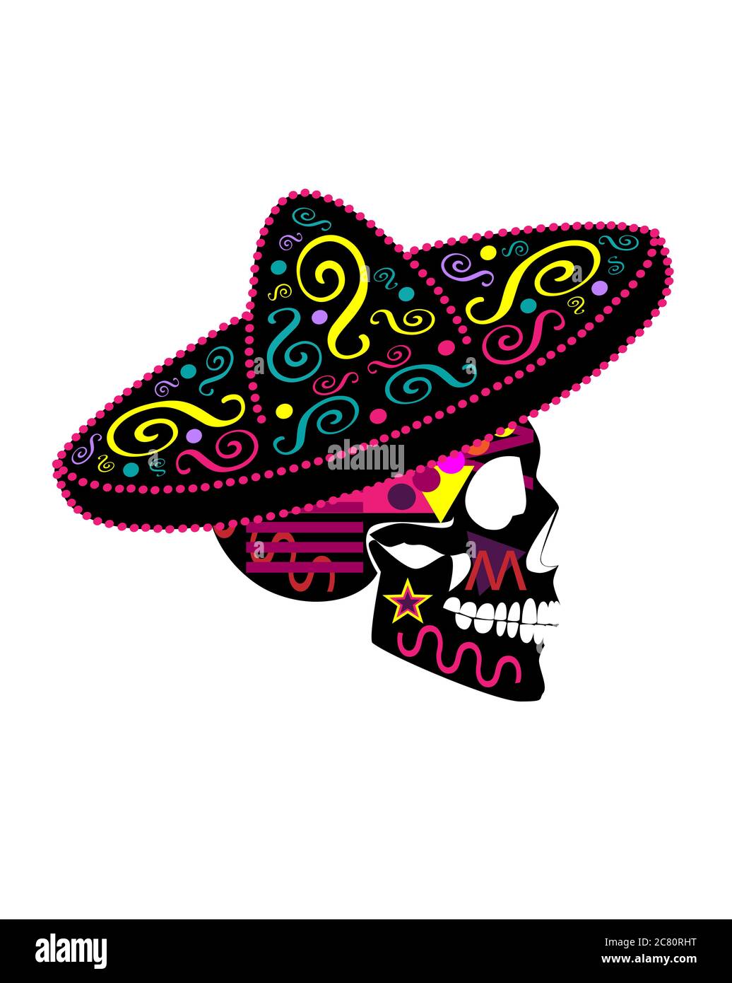 Mirar atrás Bienes diversos prisa Calavera mexicana con detalles de sobrero y ornamentos, colorido día de los  muertos vector de fondo Fotografía de stock - Alamy