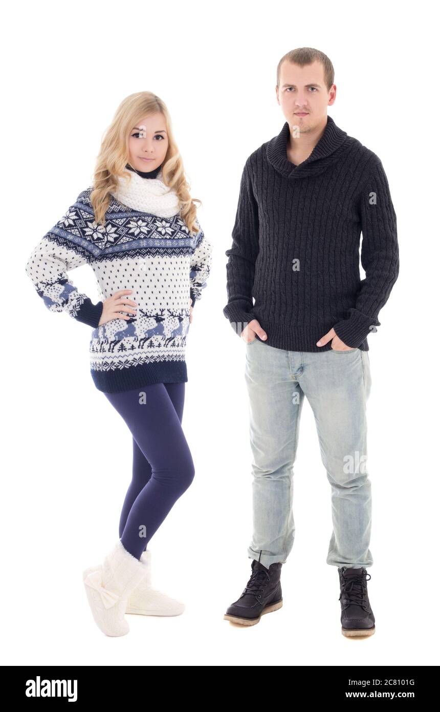 joven atractivo hombre y mujer en ropa de invierno aislado fondo blanco Fotografía de stock Alamy