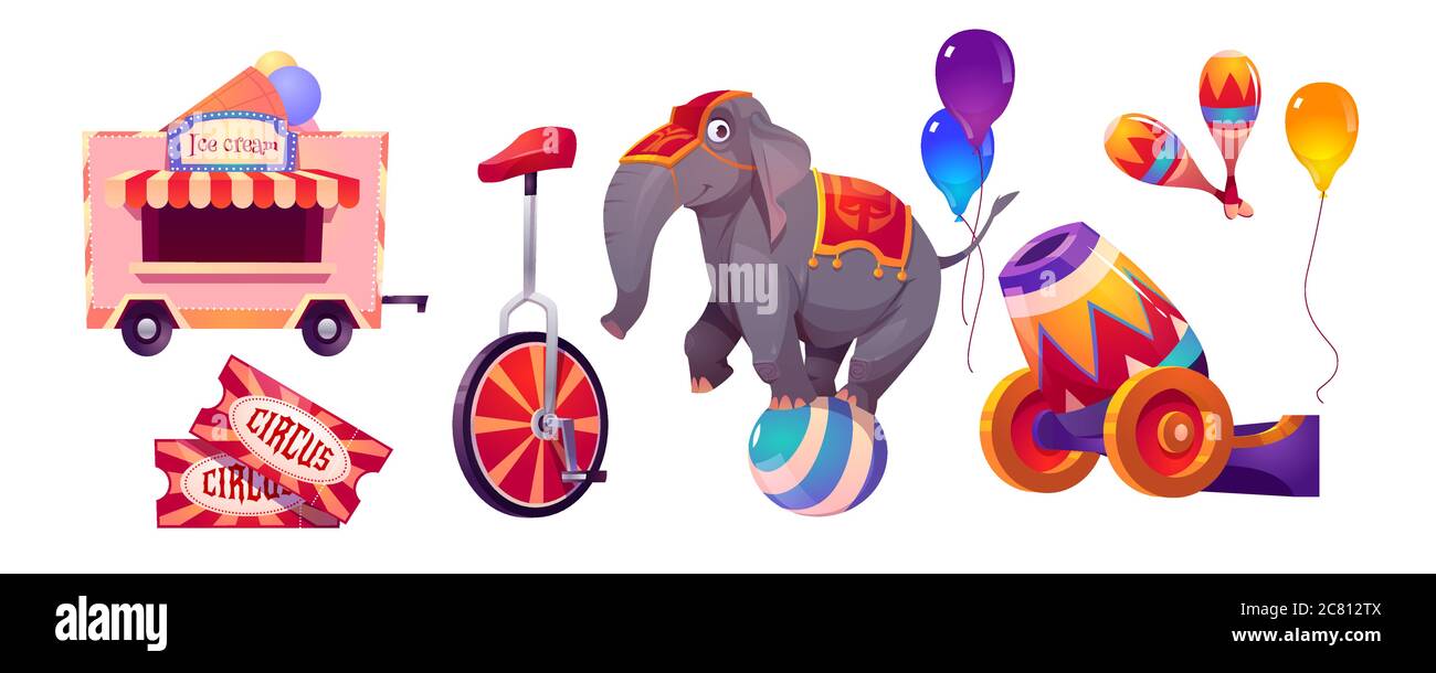 Circo y elefante sobre el balón, carpa grande artista animal, monowheel bicicleta, cabina de helado y globos, entradas, cañón y maracas. Decoración de parque de atracciones, ilustración de vector de dibujos animados, conjunto Ilustración del Vector