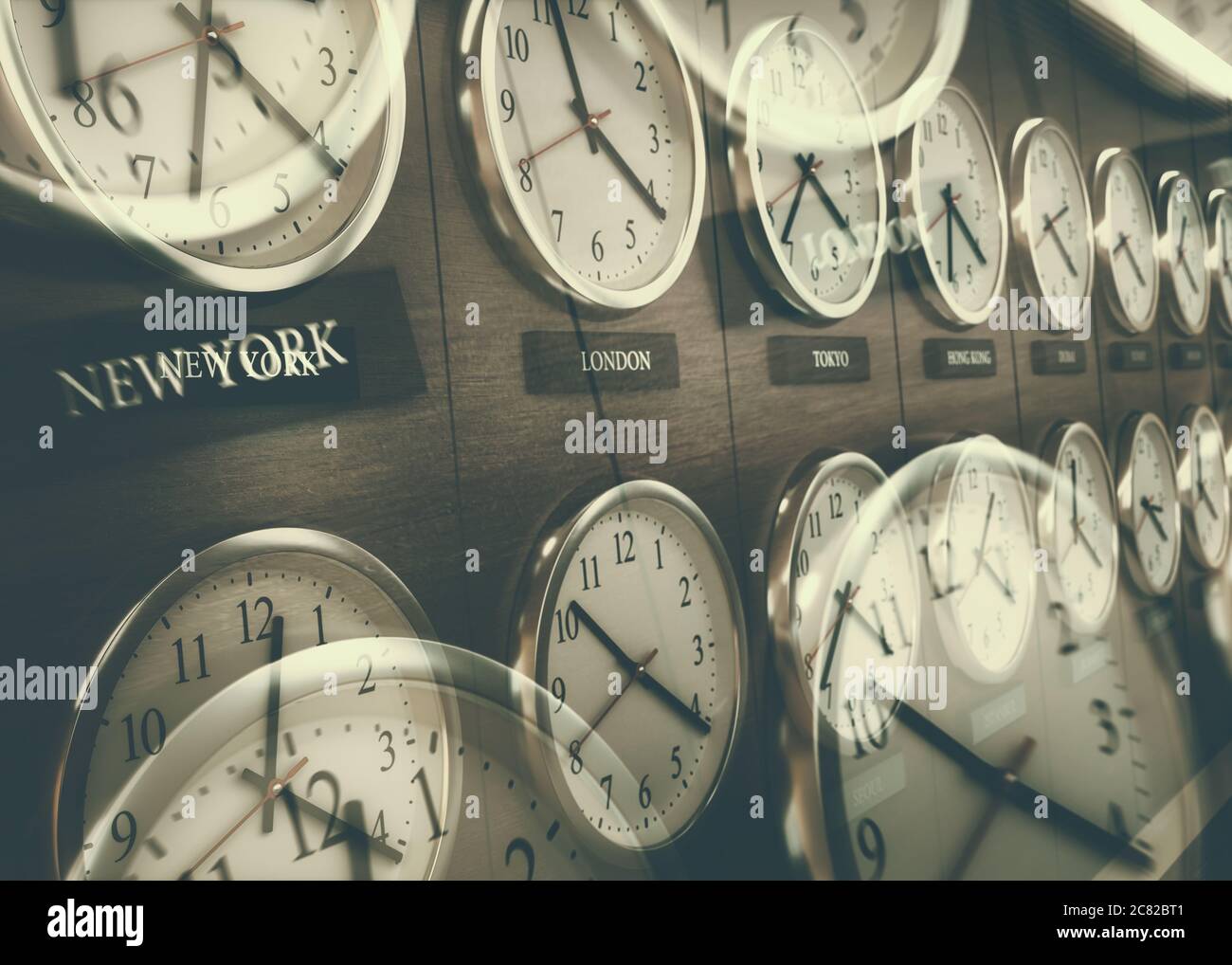 Reloj de zona horaria mundial. Relojes en la pared, mostrando la hora en todo el mundo. Foto de stock
