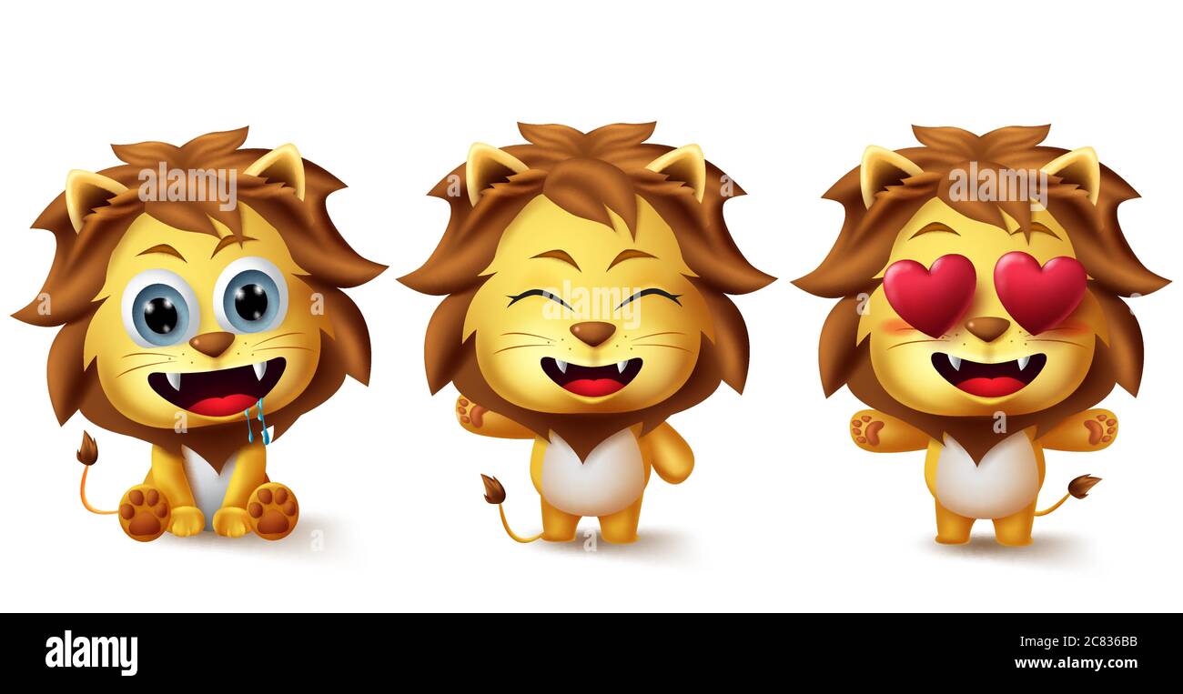 Animales leones juego de vectores de carácter. Animales león niños personajes en expresiones faciales como hambriento, en amor y feliz en pie y sentado posan. Ilustración del Vector