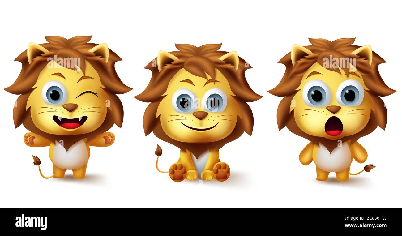 Juego de caracteres vector de los animales de león. Pequeños leones animales niños personajes en diferentes expresiones faciales como lindo, feliz y sorpresa para la vida silvestre. Ilustración del Vector