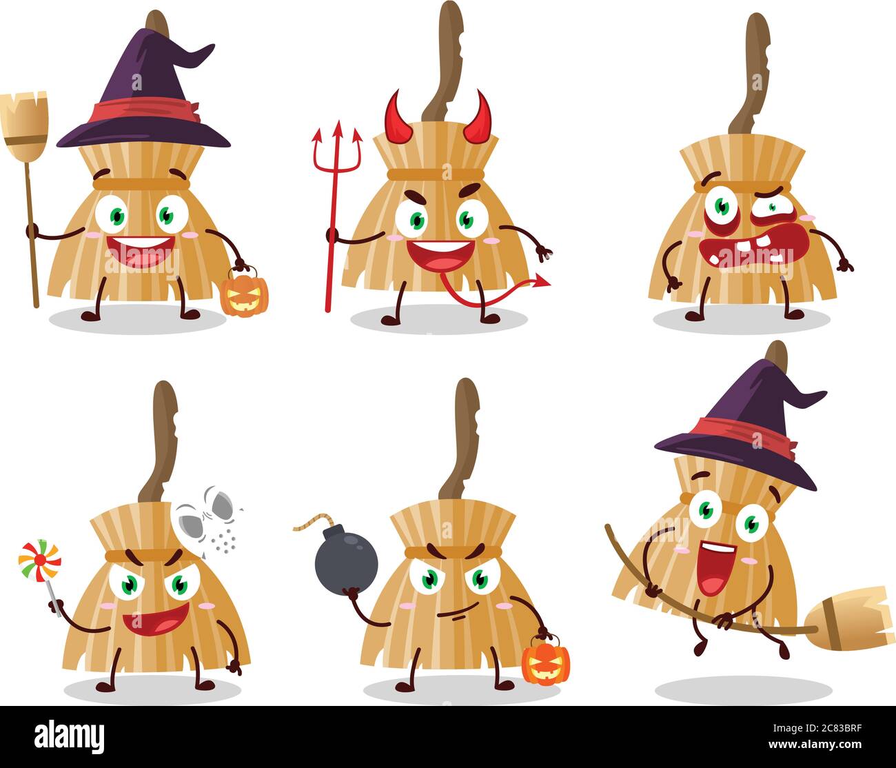 Emoticones de Halloween con carácter de dibujos animados de bruja escoba  Imagen Vector de stock - Alamy