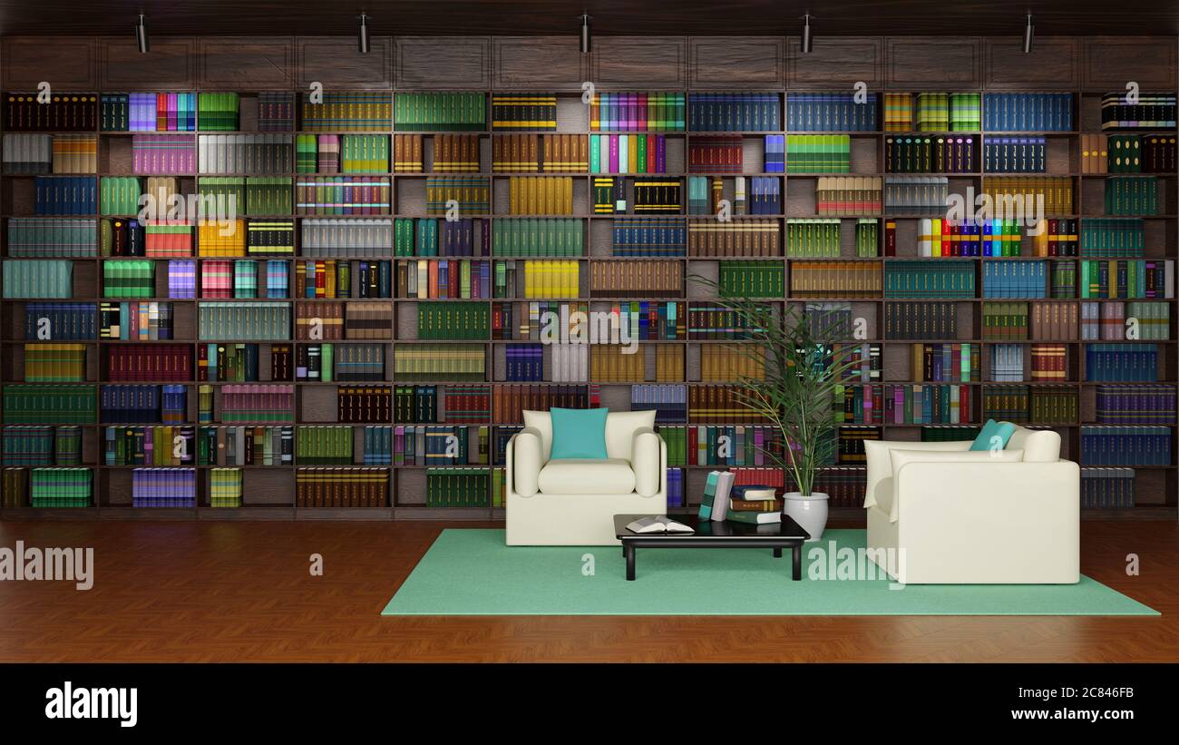 Diseño interior, estudio moderno con ventana grande y biblioteca. Muebles  de diseño. Escalera para biblioteca, libros y rincón de computadora.  renderización 3d Fotografía de stock - Alamy