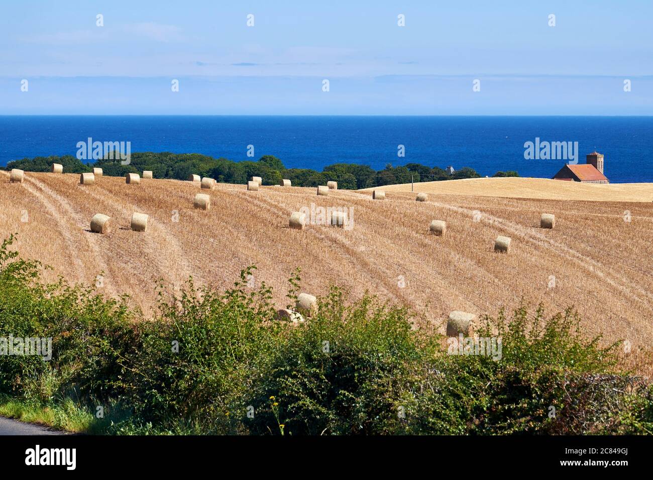 Paisaje agrícola en un entorno costero de fardos de heno tierras de cultivo con casa y el mar en el fondo Foto de stock