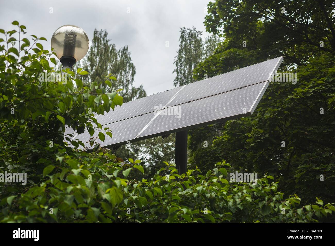 Panel de energía solar en el parque closeup. Fuente renovable de electricidad Foto de stock