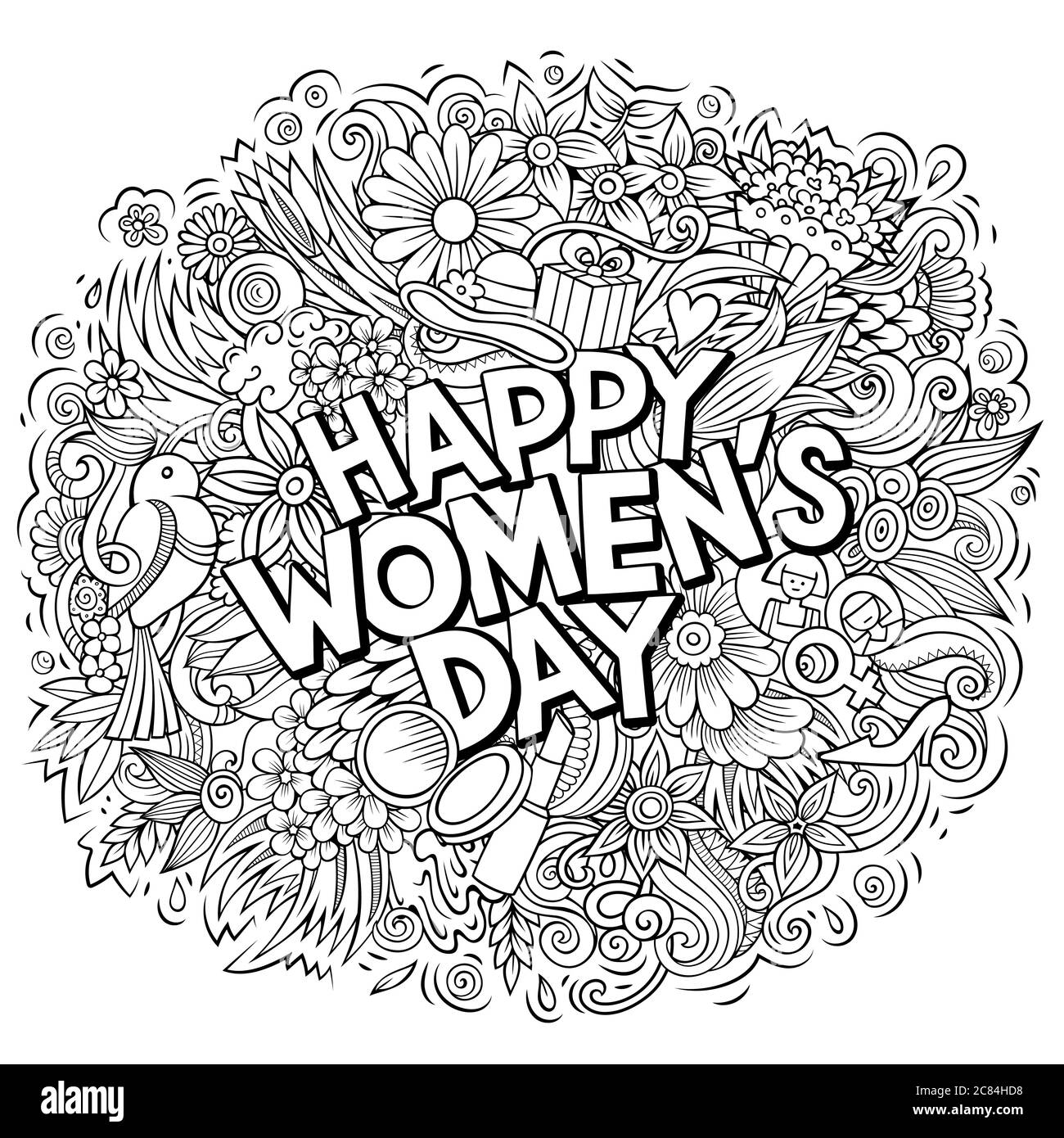 Día de la Mujer feliz dibujo a mano dibujos de dibujos animados de fideos.  Diseño divertido de vacaciones Imagen Vector de stock - Alamy