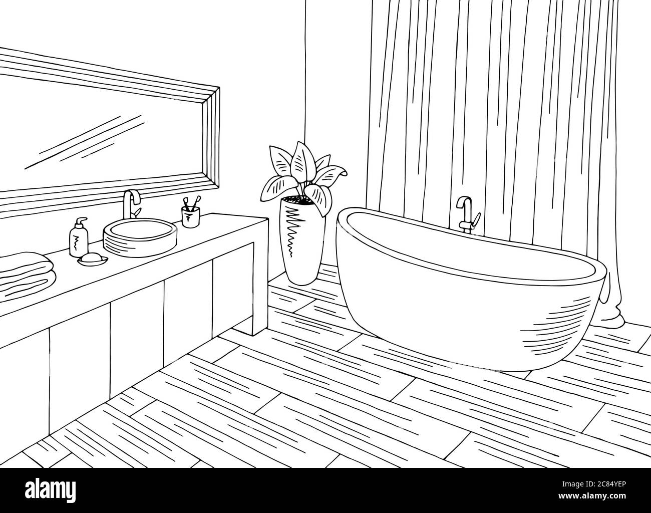 Cuarto de baño gráfico hogar interior negro blanco dibujo ilustración