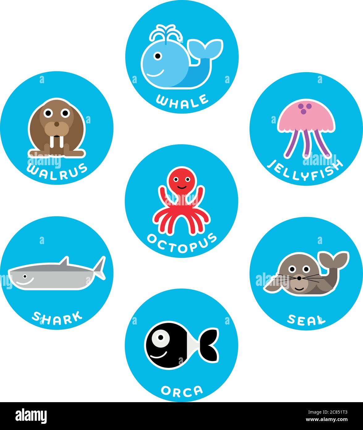 Colección de animales marinos y oceánicos. Juego de 7 personajes de dibujos  animados en el círculo con etiquetas de nombre. Ilustración vectorial  Imagen Vector de stock - Alamy