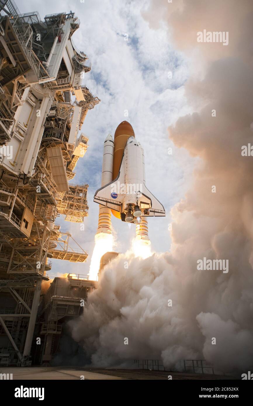 Washington, Estados Unidos. 21 de julio de 2020. Cuando el transbordador  espacial Atlantis se lanzó el 8 de julio de 2011, en la misión STS-135 que  transportaba el módulo logístico multiuso Raffaello