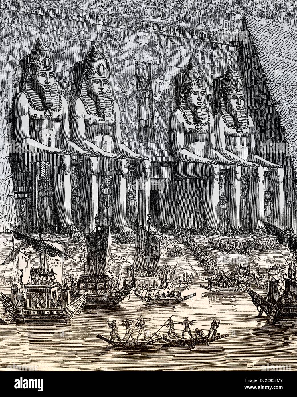 Antiguos barcos egipcios, templo de Abu Simbel, dibujo del siglo 19 Foto de stock