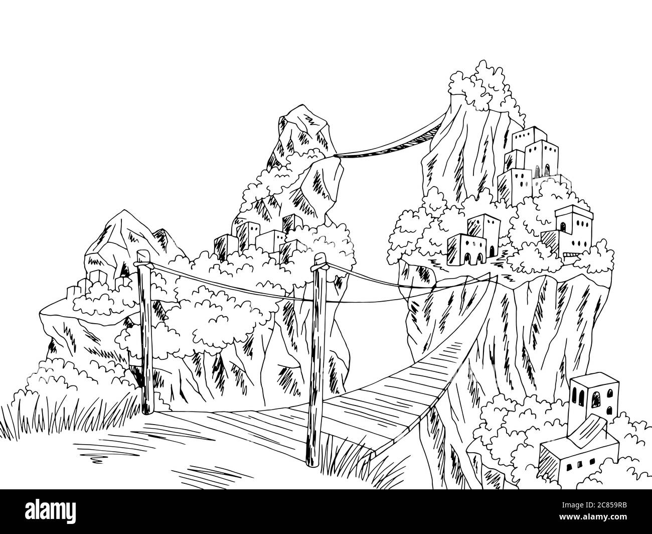 Gráfico de montaña ciudad blanco negro paisaje dibujo ilustración vector Ilustración del Vector