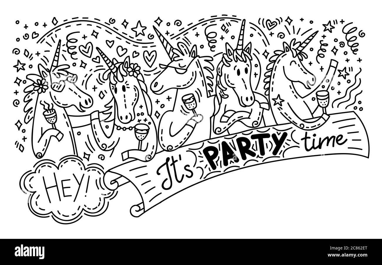 Vector humor fideos y letras ilustración horisontal con unicornios felices en la fiesta: Beber un cóctel, abrazo y sonrisa. Para pegatinas, saludo ca Ilustración del Vector
