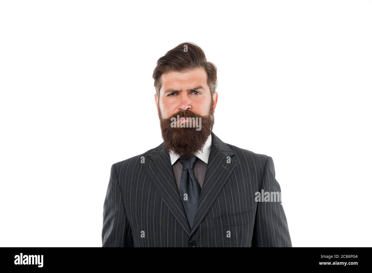 Traje de tweed atemporal. Hombre de negocios traje traje. Hombre con barba  seria. Jefe o director. Guapo hipster ropa cara fondo blanco. Concepto de  ropa de hombre. Boutique de moda. Hombre exitoso