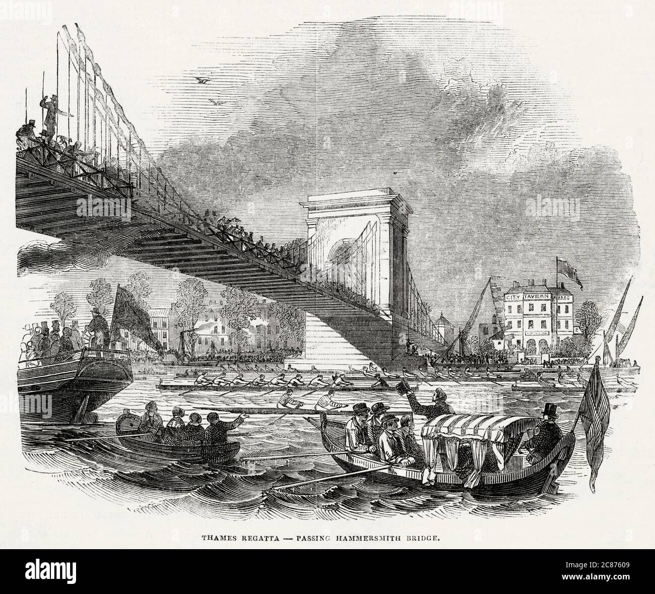 Barcos de remo pasando por el puente Hammersmith. Fecha: 1846 Foto de stock