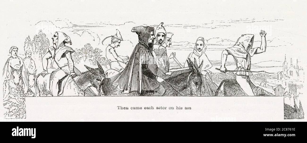 Ilustración de Kenny Meadows a Hamlet, Príncipe de Dinamarca, por William Shakespeare. La llegada de los jugadores de viaje. Fecha: 1840 Foto de stock
