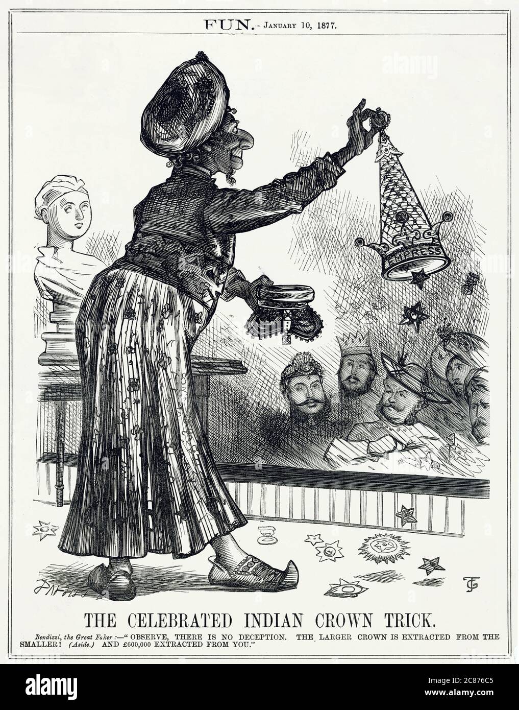 Cartoon, la célebre Trick de la Corona India - una representación satírica de Benjamin Disraeli, primer Ministro conservador, como Bendizzi el Gran Faker, actuando como mago a varios jefes de estado. Milagrosamente ha extraído una corona más grande, marcada como Emperatriz, de la pequeña corona británica -- una referencia a su concesión del título de Emperatriz de la India a la Reina Victoria (vista a la izquierda como busto retrato). Fecha: 1877 Foto de stock