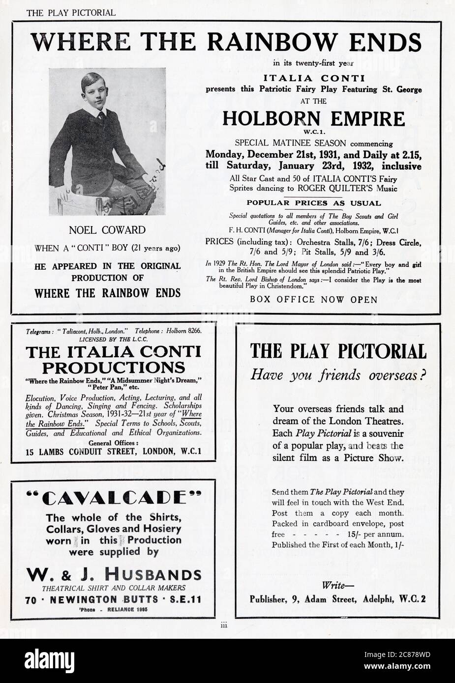 Página de un número de 1931 de Play Pictorial con un anuncio que muestra Noel Coward, un alumni 