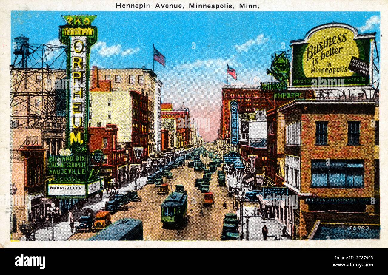 Hennepin Avenue, Minneapolis, Minnesota, EE.UU. Fecha: Alrededor de 1931 Foto de stock