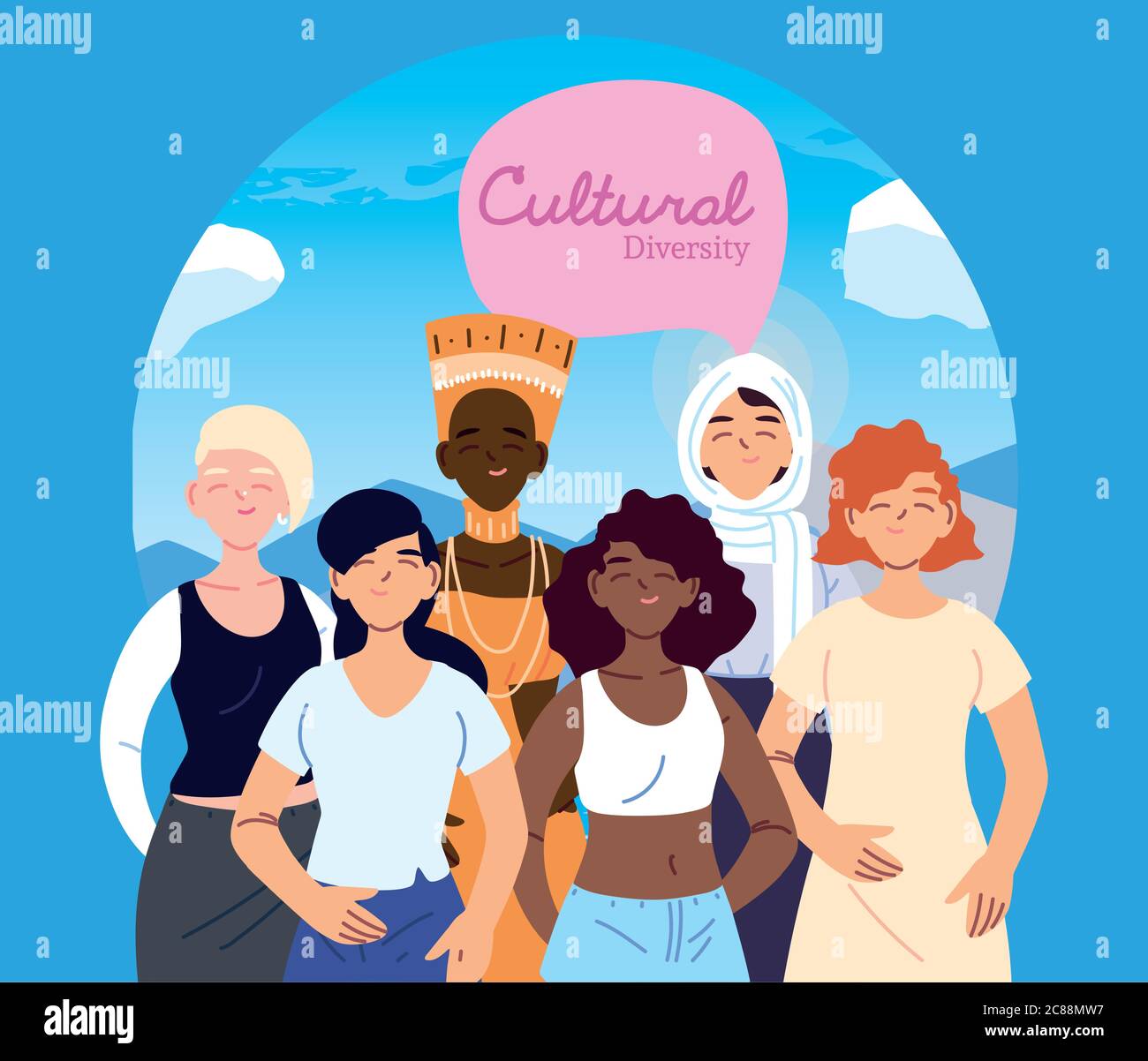 Dibujos animados de mujeres delante del diseño del paisaje, tema de diversidad  cultural y de amistad Ilustración vectorial Imagen Vector de stock - Alamy