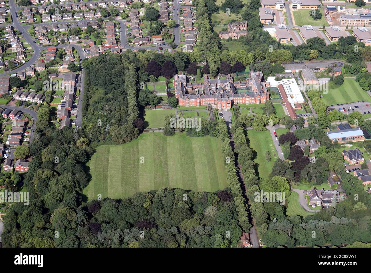 Vista aérea del Hospital Priory Cheadle Royal, Manchester Foto de stock