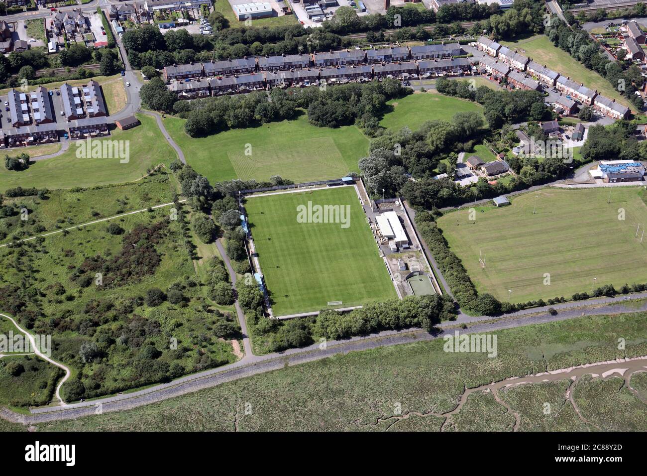 Vista aérea del centro de fútbol de Flint Town United FC, Gales del Norte Foto de stock