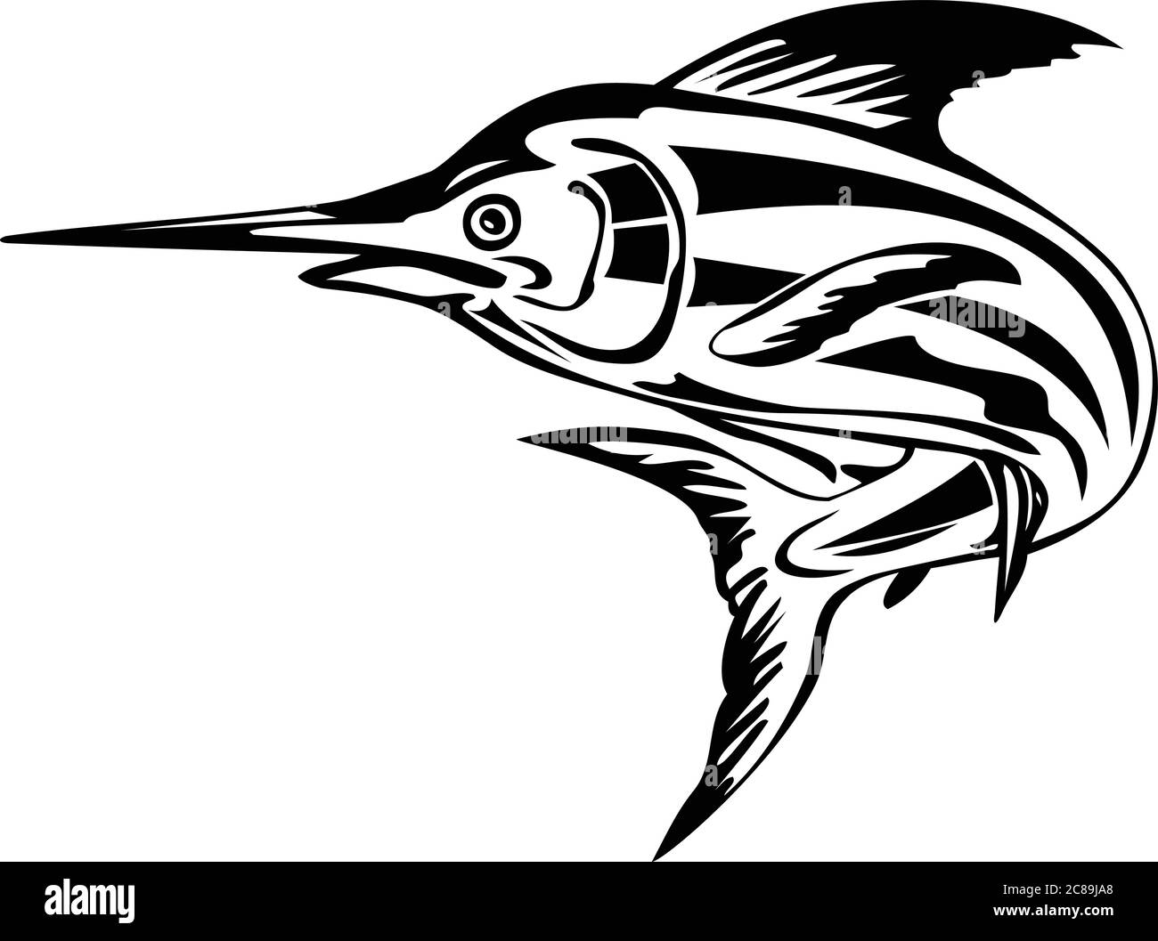 Ilustración de estilo retro de una aguja azul del Atlántico, una especie de aguja endémica del Océano Atlántico, nadando y saltando hacia arriba en negro y. Ilustración del Vector