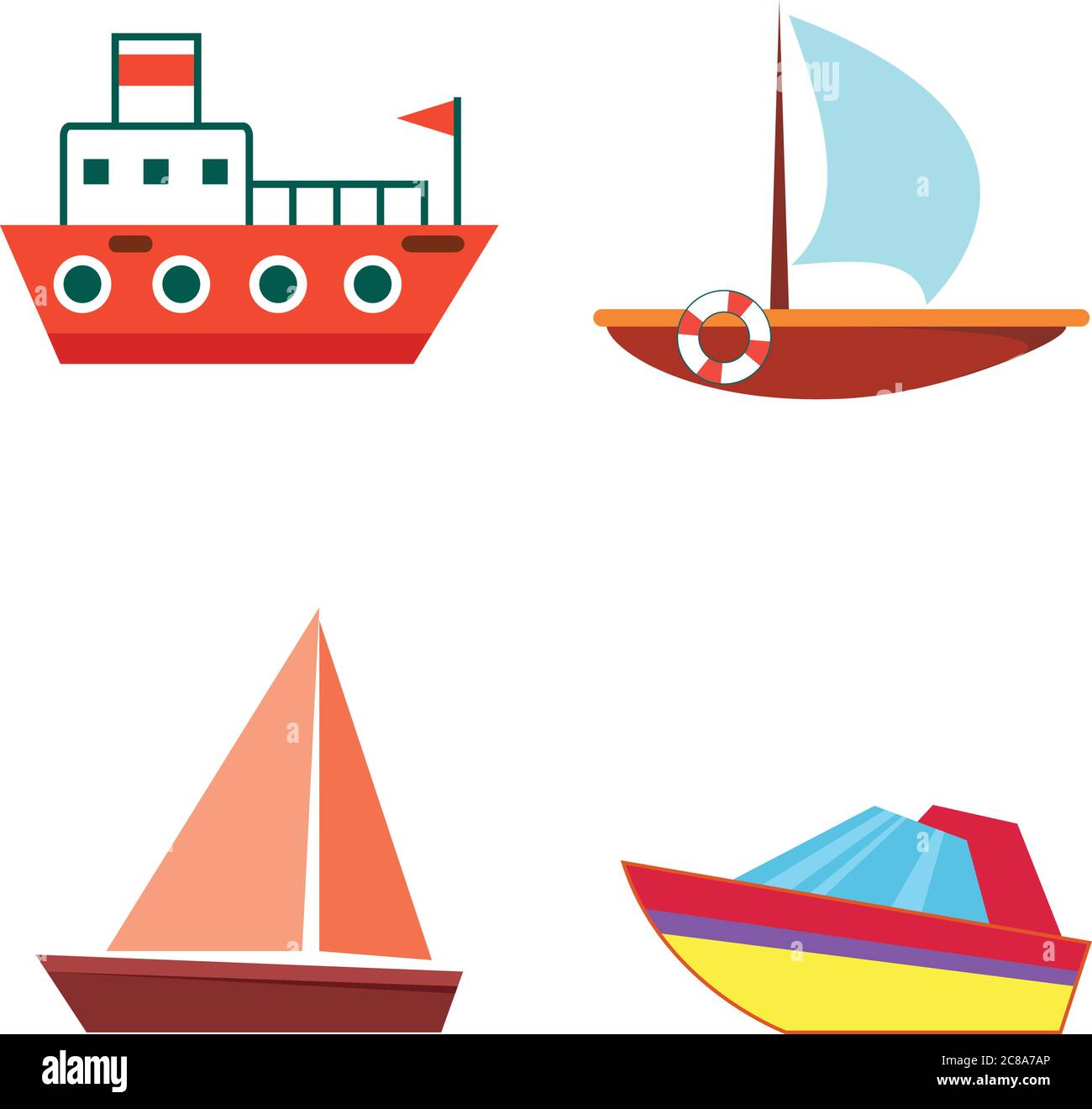 Barcos de dibujos animados y barcos - vector plano aislado con iconos  Imagen Vector de stock - Alamy