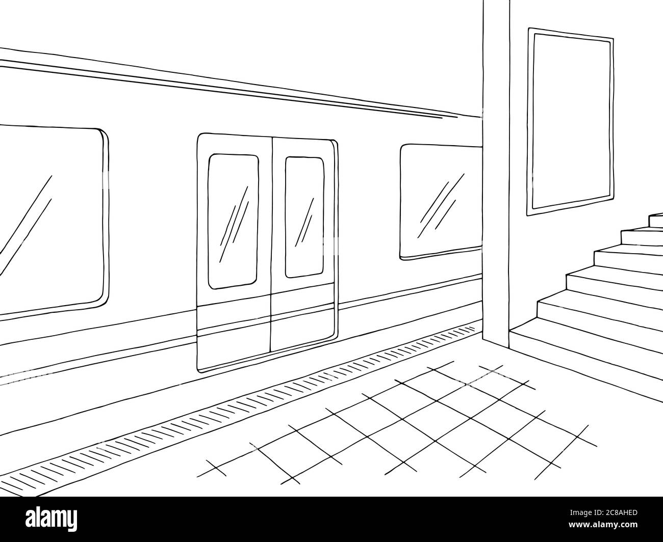 Estación de metro plataforma tren cartelera gráfico blanco negro dibujo  ilustración vector Imagen Vector de stock - Alamy