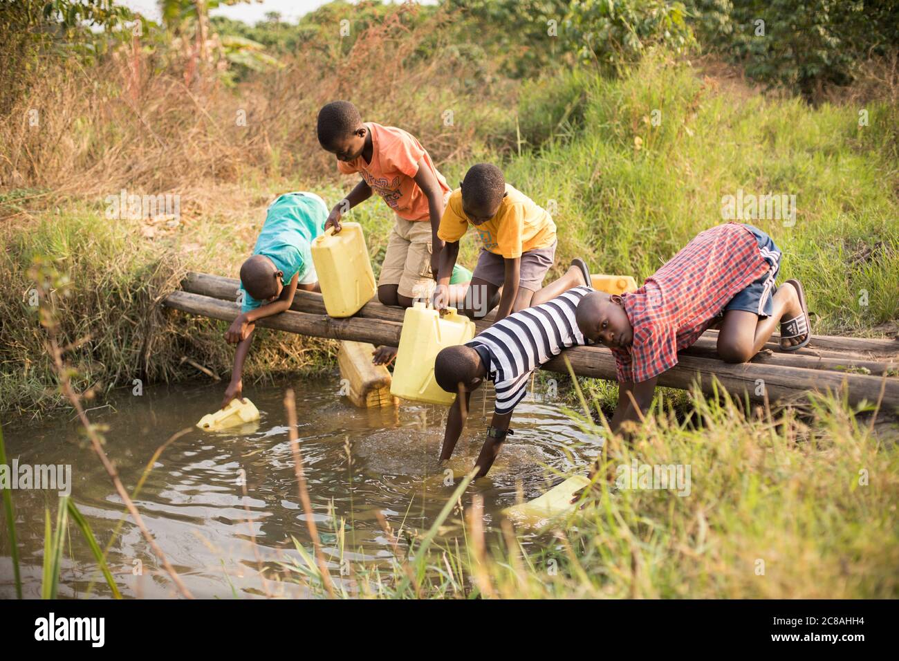 Los niños africanos jóvenes recogen agua en un pequeño arroyo en el distrito de Rakai, Uganda, África Oriental. Foto de stock