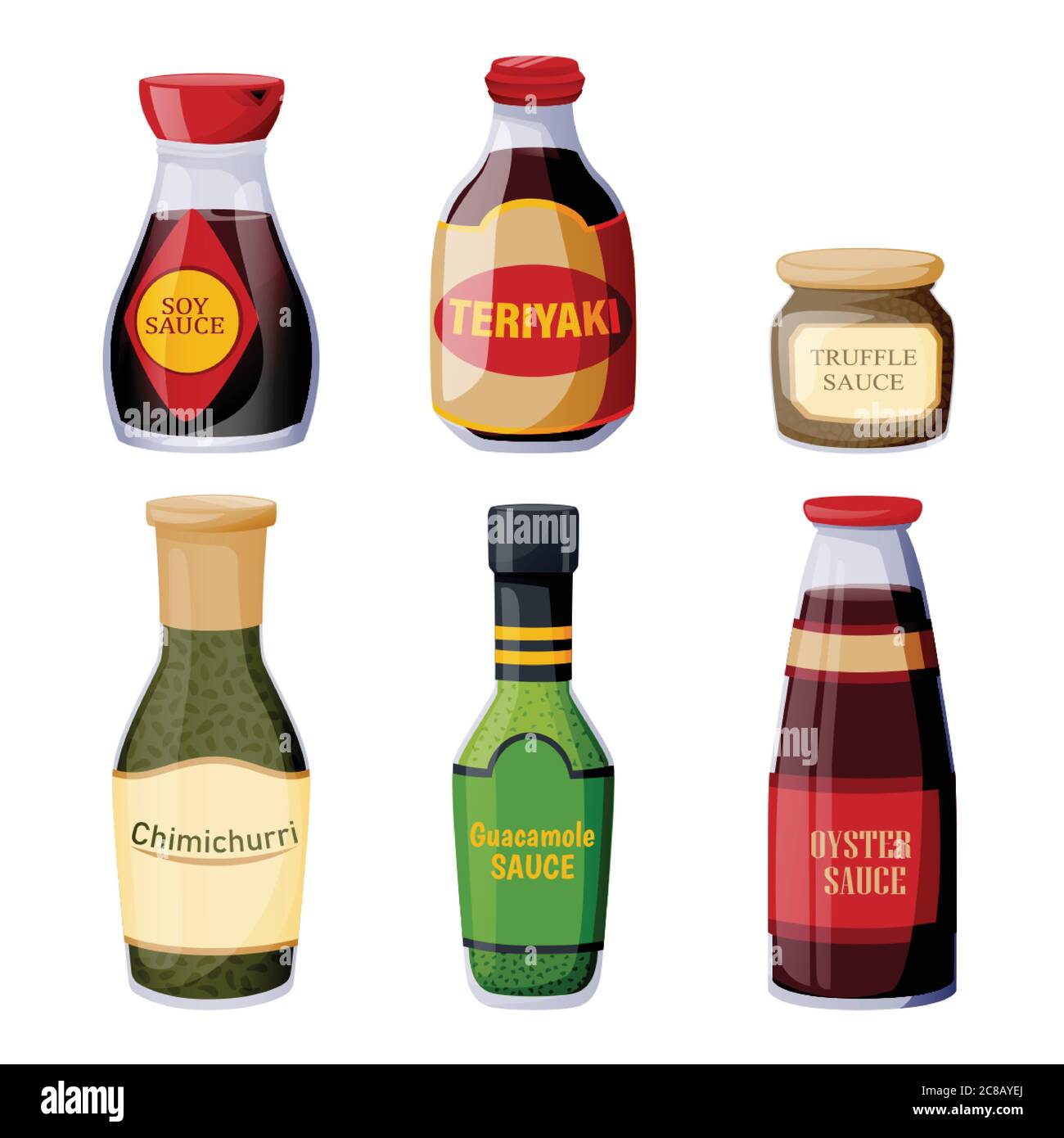 Salsas de cocina latinoamericana y asiática. Botellas de vidrio de