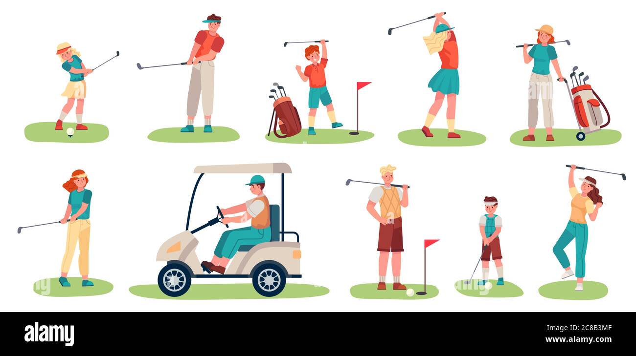 Personajes de jugadores de golf. Hombres, mujeres y niños jugando al golf en césped verde, golfistas con clubes y equipos, deportes actividad vector set. Adolescente c Ilustración del Vector
