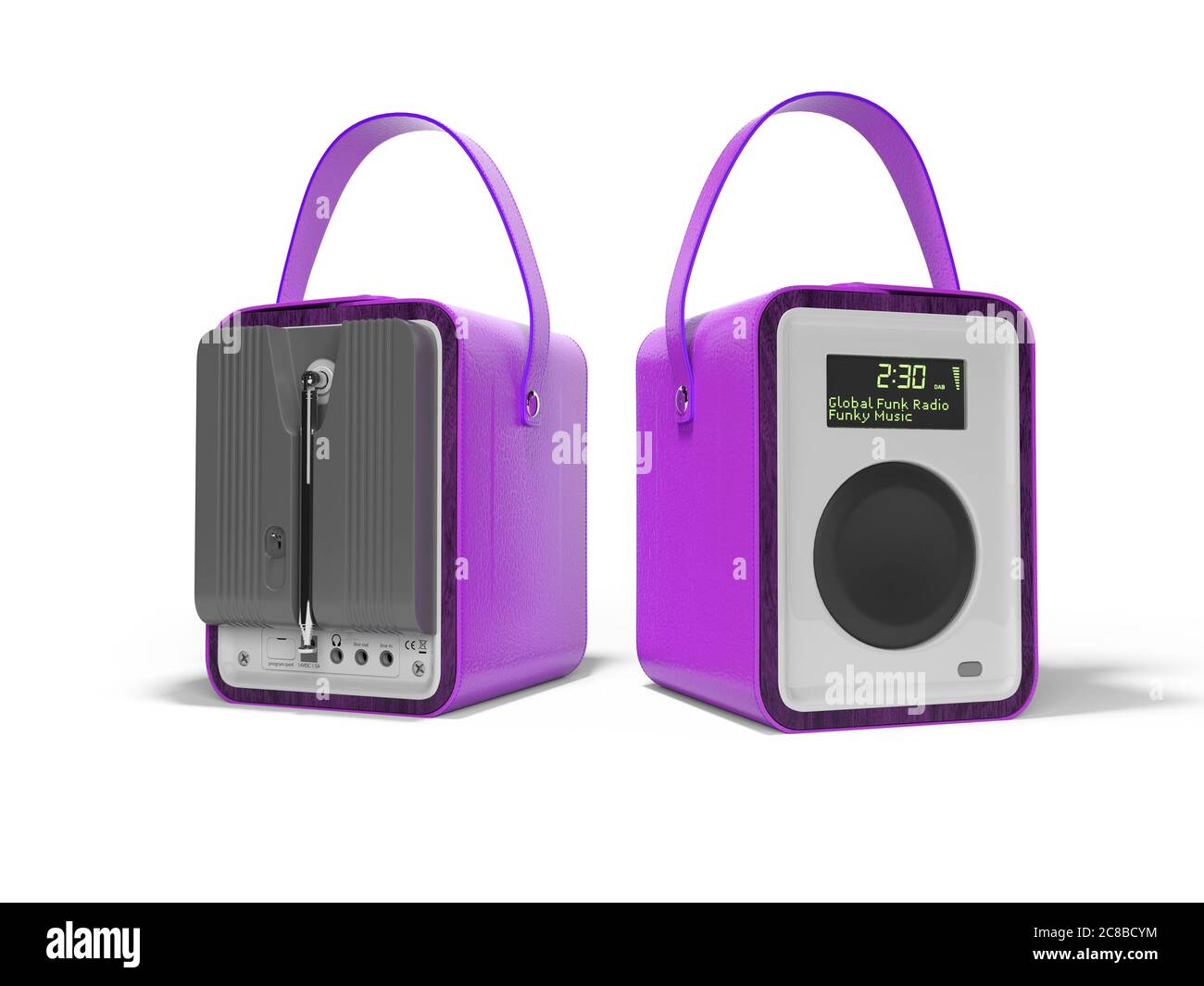 Radio portátil púrpura columna enlazada de cuero para escuchar música 3D  Render sobre fondo blanco con sombra Fotografía de stock - Alamy