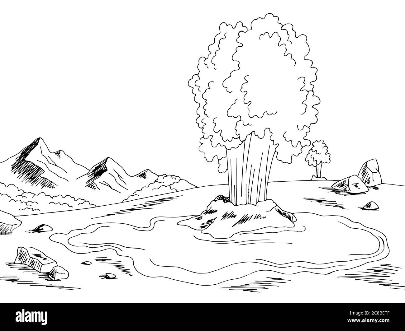 Geyser montañas gráfico blanco negro croquis paisaje ilustración vector Ilustración del Vector