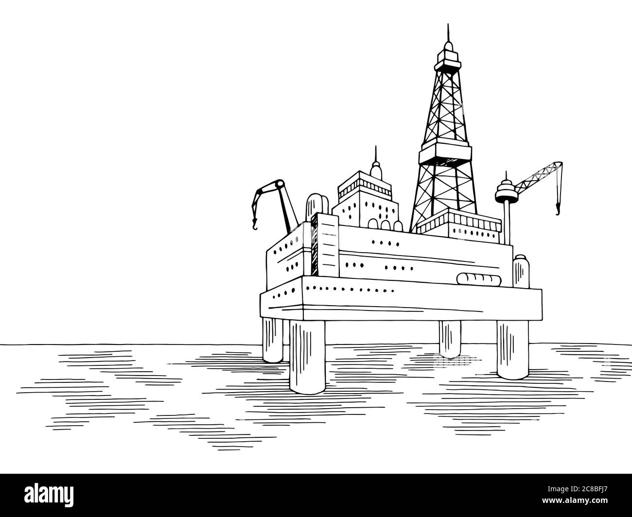 Plataforma de perforación mar océano paisaje gráfico blanco negro dibujo ilustración vector Ilustración del Vector