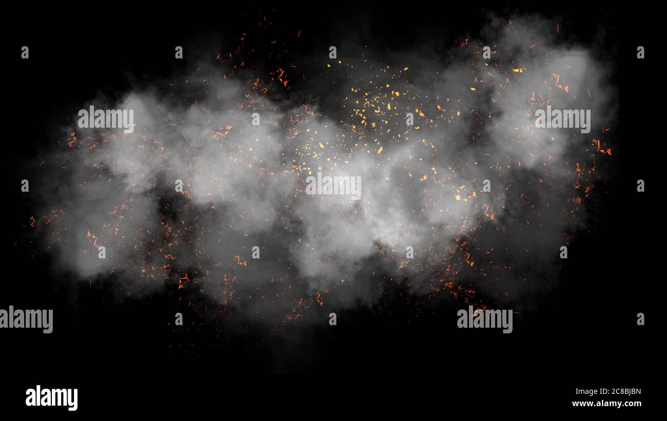 Partículas de fuego efecto polvo desechos aislados sobre fondo negro, polvo de movimiento spray ráfaga. Elemento de diseño Foto de stock