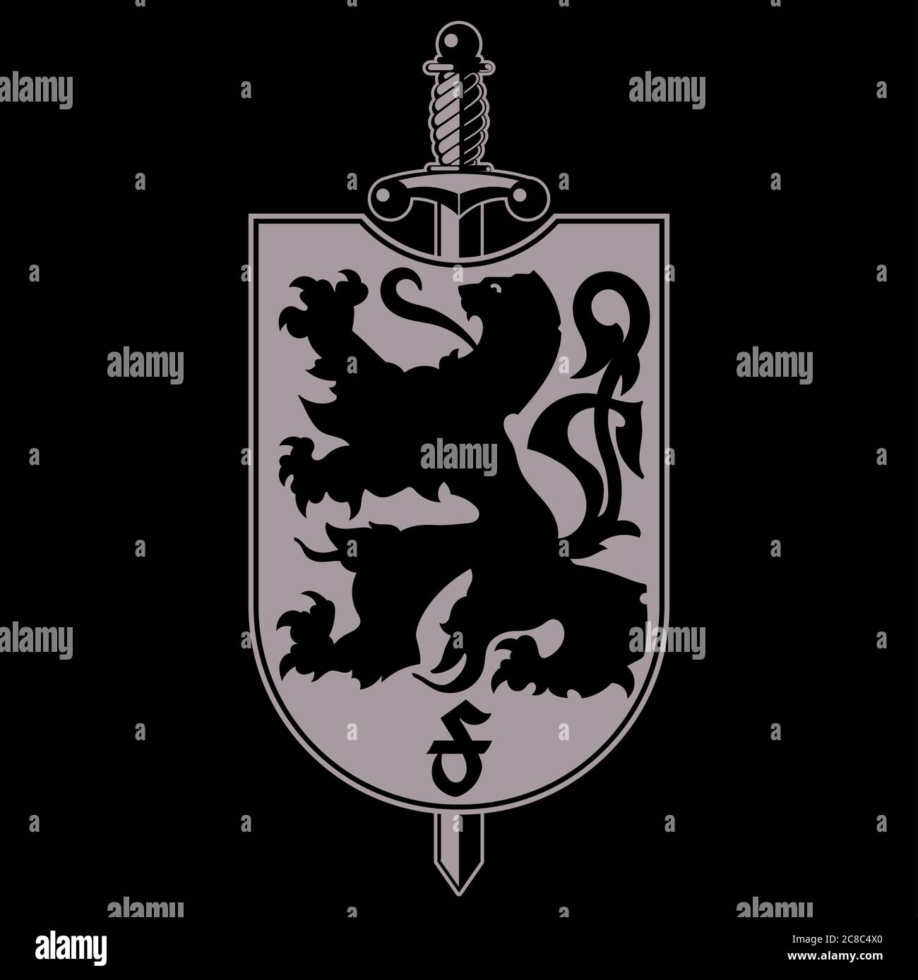 Escudo heráldico de armas. Silueta de león heráldico, escudo heráldico con un león y espada Ilustración del Vector