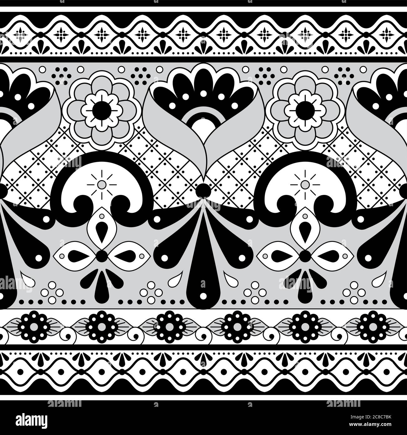 Cerámica mexicana Talavera Poblana vector patrón sin costuras, negro repetitivo y adorno de látiga inspirado en el diseño tradicional de cerámica de México Ilustración del Vector
