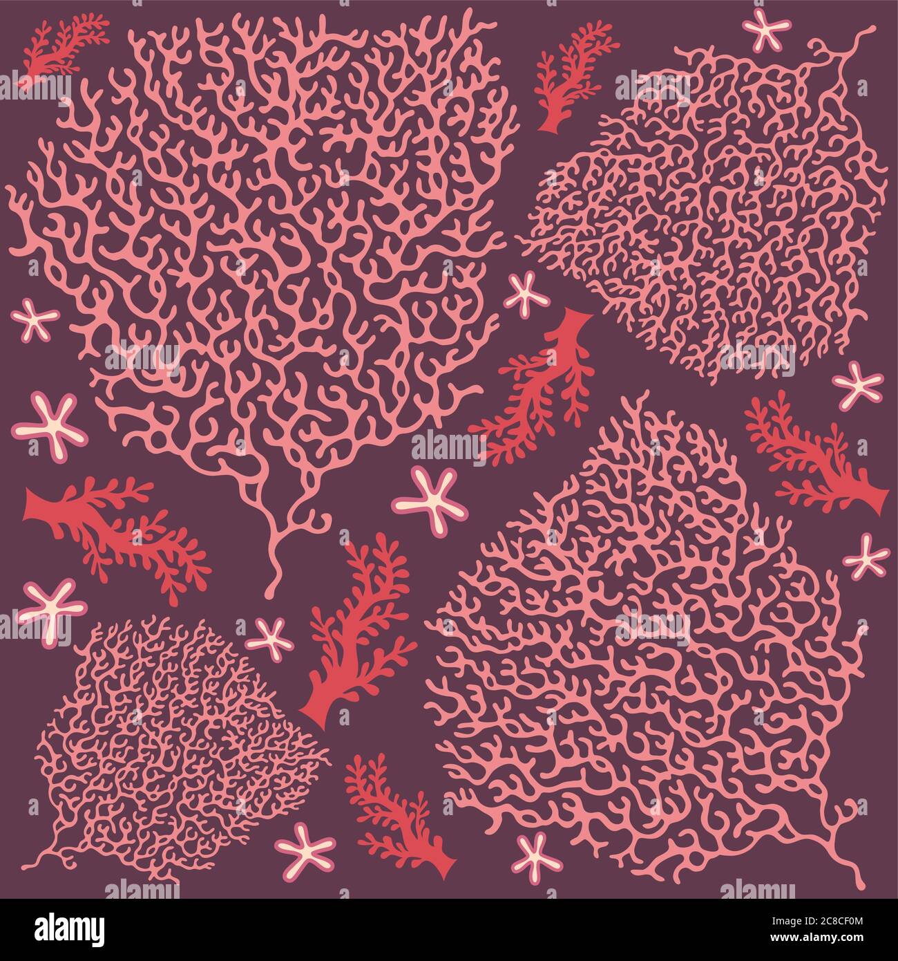 Patrón Coral en colores rojo / rosa - Foliage y estrellas Ilustración del Vector