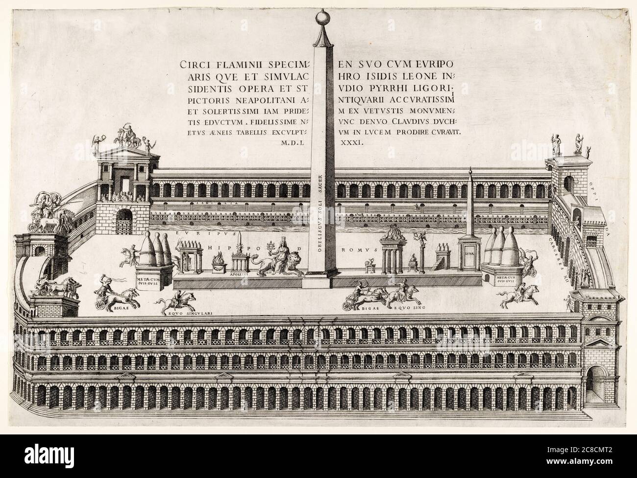 El Circo Flaminio en la Antigua Roma, Italia, un estadio de juegos y un área de carreras de carros, grabado, 1581 Foto de stock